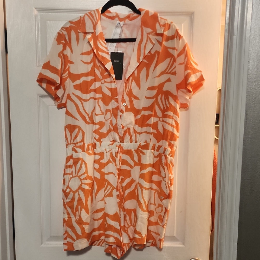 Fabletics Vibrant Orange and White Womans One Piece. Size Large